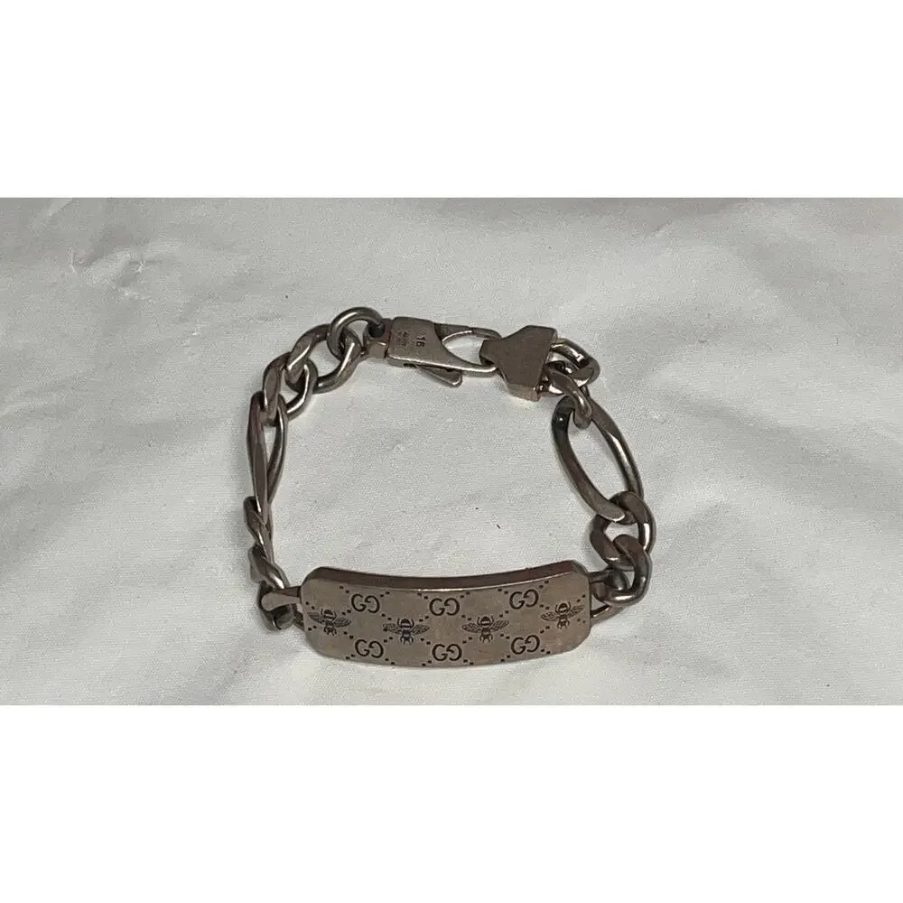 Gucci Sterling Silver 925 GG Bee Engraved Chain ID Bracelet Size 16 Italy